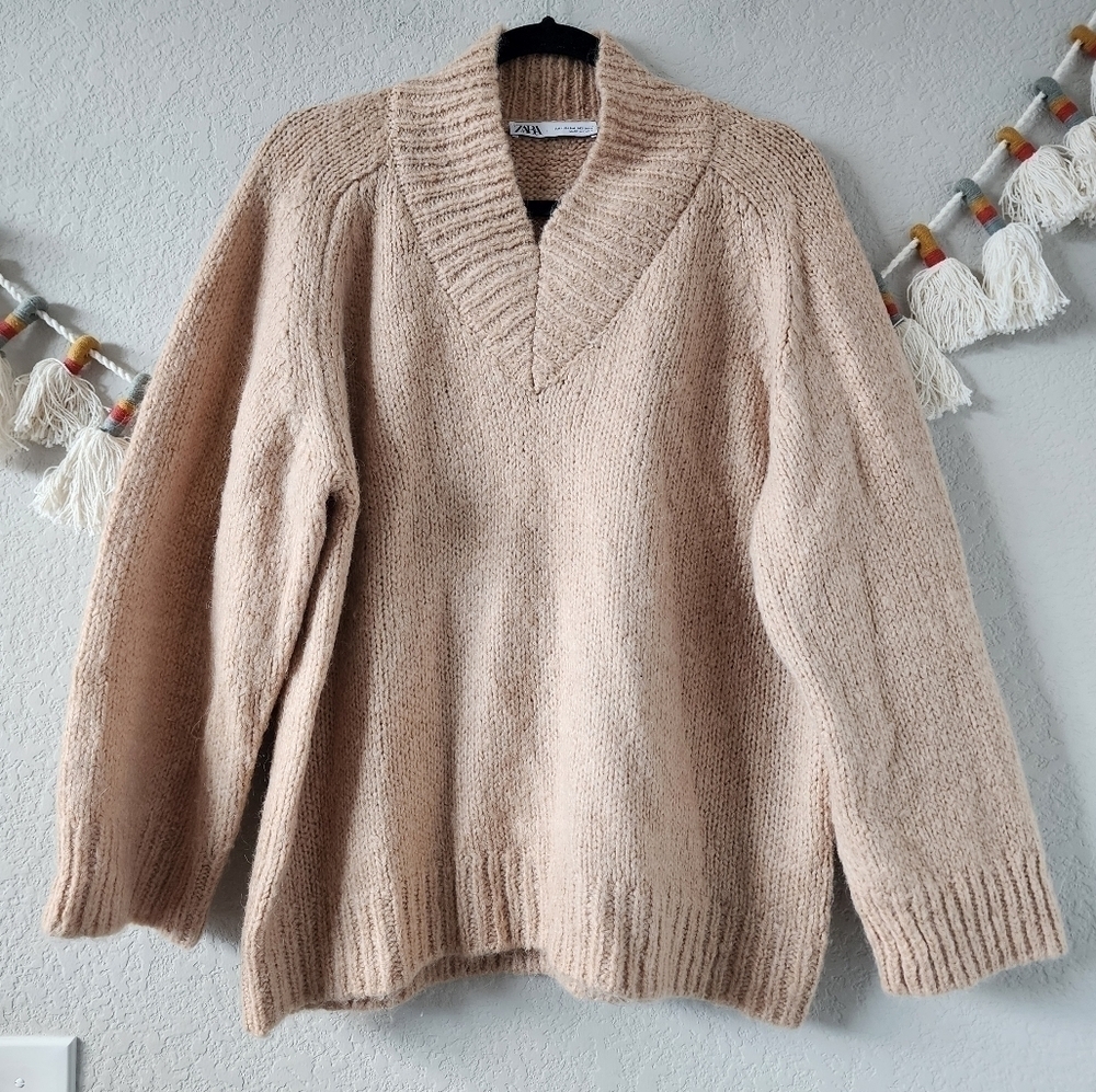 Zara Alpaca Wool Chunky Knit V-neck Brown Pullover Neutral Oversized Cozy S/M